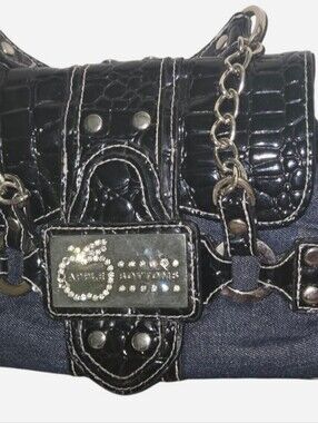 Apple Bottoms Denim & Black Croc-Embossed Chain Shoulder Bag with Rhinestones